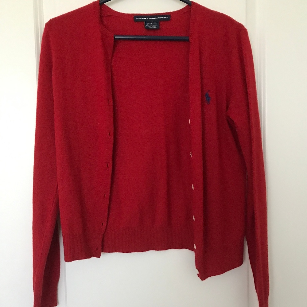 RED RALPH LAUREN CARDIGAN, SIZE SMALL.